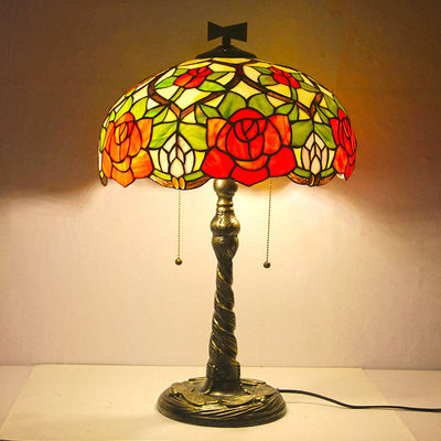 Traditional Tiffany Rose Dragonfly Stained Glass Dome 2-Light Table Lamp For Study