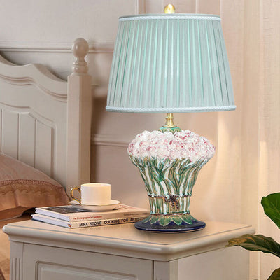 European Idyllic Green Pleated Fabric Ceramic Base 1-Light Table Lamp