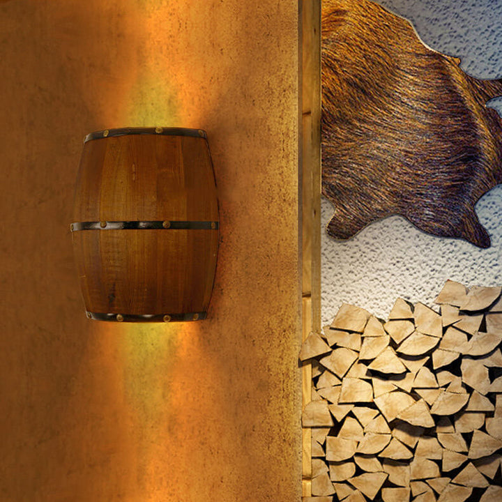 Contemporary Industrial Half Barrel Wood Hardware LED Wall Sconce Lamp for Living Room
