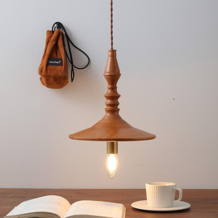 Japanese Vintage Brass Solid Wood Candlesticks Cone Plate 1-Light Pendant Light