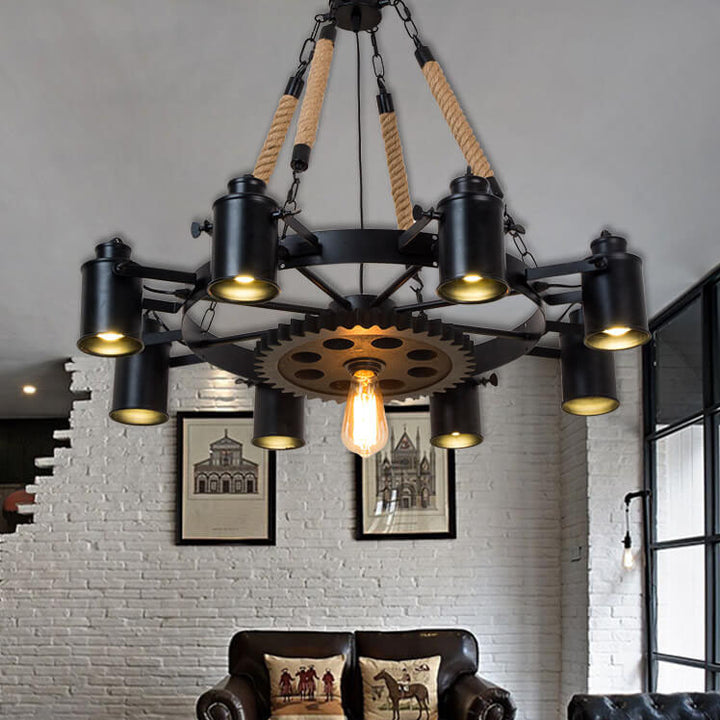 Zeitgenössischer industrieller Retro-Kronleuchter aus Schmiedeeisen und Hanfseil im Zahnrad-Design mit 7/9/11 Flammen für das Wohnzimmer 