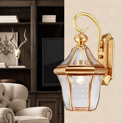 European Modern Luxury Hexagonal Lantern Brass Glass Waterproof 1-Light Outdoor Wall Sconce Lamp