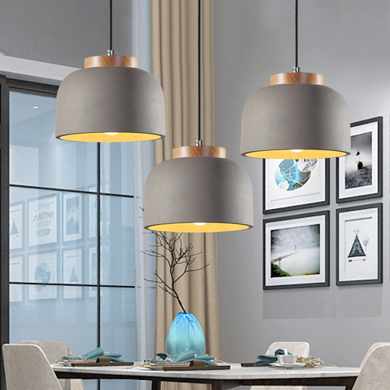 Contemporary Creative Oak Wood Iron Cement Dome 1-Light Pendant Light For Dining Room