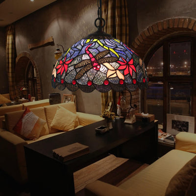 Tiffany Vintage Butterfly Stained Glass Dome 1-Light Pendant Light