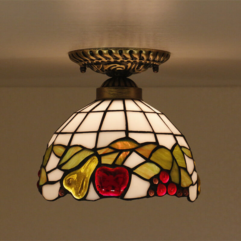 Vintage Tiffany Fruit Stained Glass 1-Light Semi-Flush Mount Ceiling Light