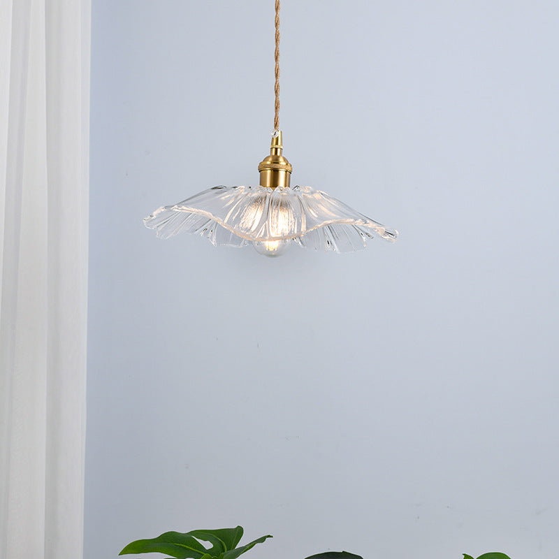 Traditional Vintage Clear Glass Flower Shape Brass 1-Light Pendant Light For Living Room