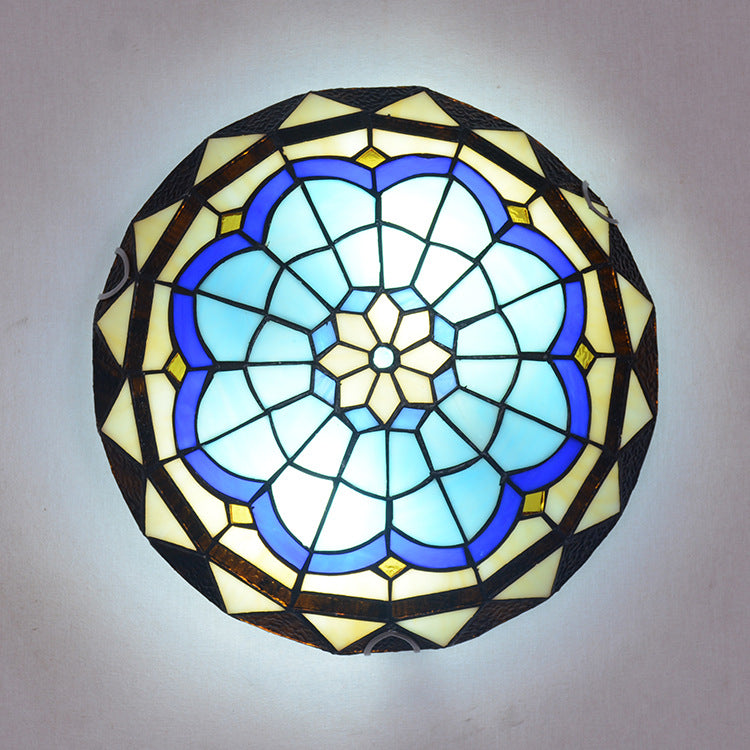 Tiffany Mediterranean Blue Stained Glass Round 2/3/4 Light Flush Mount Ceiling Light