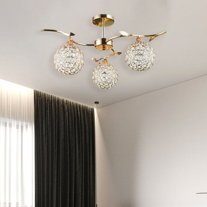 Modern Art Deco Round Hollowed Out Orb Iron Crystal 3-Light Semi-Flush Mount Ceiling Light For Living Room