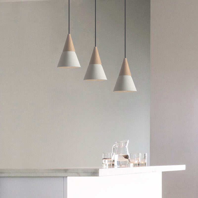 Suspension Luminaire à 1 Lumière en Bois de Sable Blanc Minimaliste Moderne en Forme de Trompette Évasée 