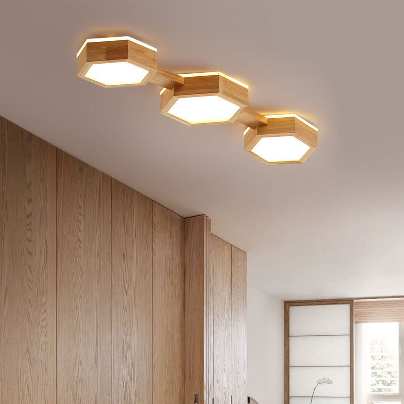 Modern Simple Wooden Hexagonal Geometry LED Flush Mount Ceiling Light