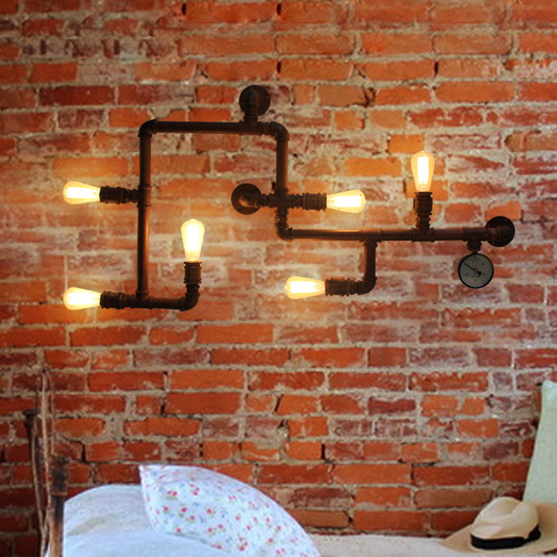Contemporary Industrial Iron Water Pipe 6-Light Wall Sconce Lamp For Living Room