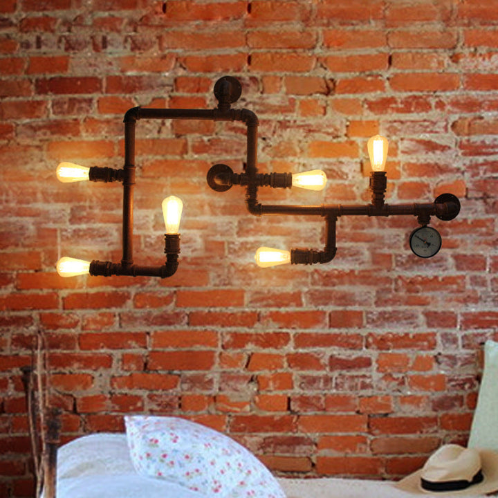Contemporary Industrial Iron Water Pipe 6-Light Wall Sconce Lamp For Living Room