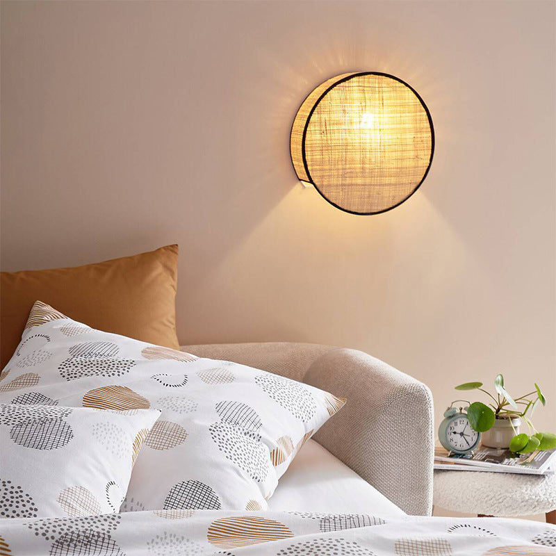 Contemporary Boho Rattan Weaving Cylinder Shade 1-Light Wall Sconce Lamp For Bedroom