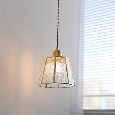 Moderno Arte Deco Vidrio de Grano de Agua Pantalla Poligonal Latón Lámpara Colgante de 1 Luz para Sala de Estar 