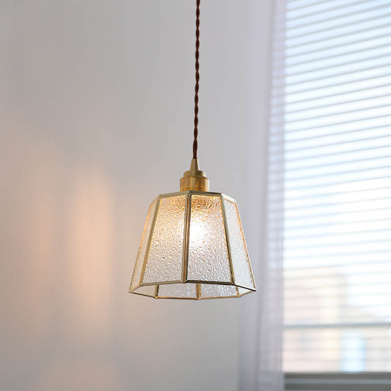 Moderno Arte Deco Vidrio de Grano de Agua Pantalla Poligonal Latón Lámpara Colgante de 1 Luz para Sala de Estar 
