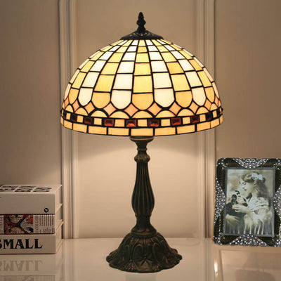 European Tiffany Yellow Plaid Stained Glass Dome 1-Light Table Lamp