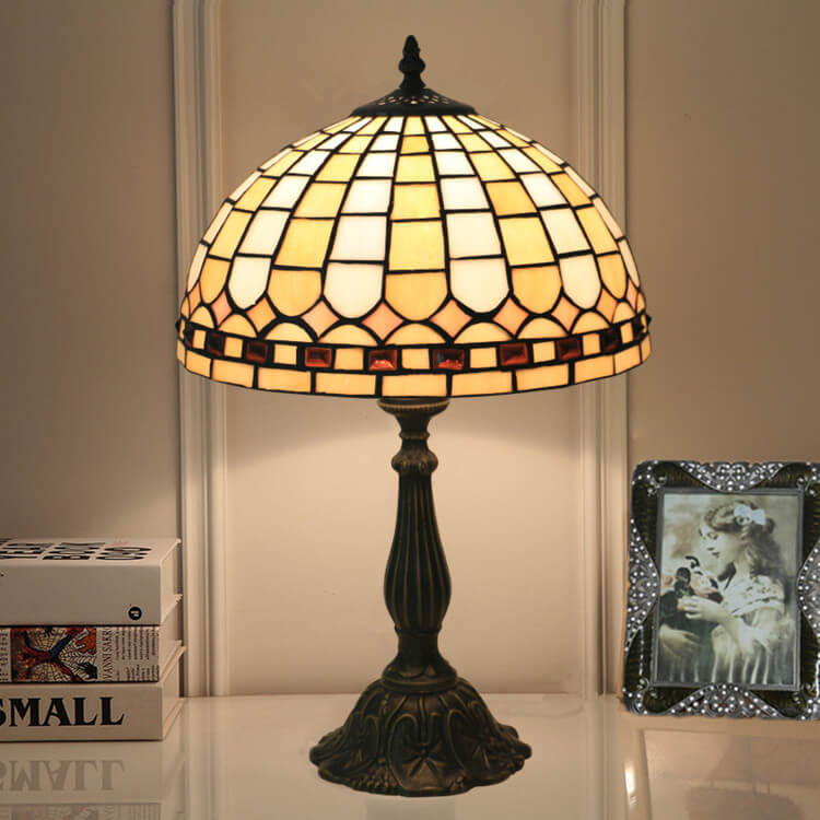 European Tiffany Yellow Plaid Stained Glass Dome 1-Light Table Lamp