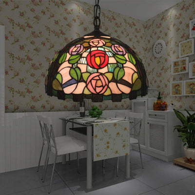 Vintage Tiffany Rose Stained Glass Dome 1-Light Pendant Light