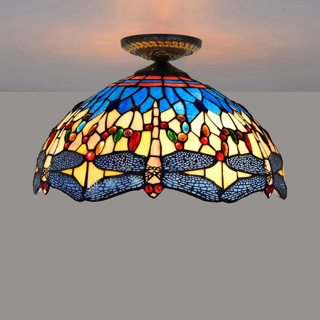 Tiffany European Dragonfly Stained Glass 1-Light Semi-Flush Mount Ceiling Light