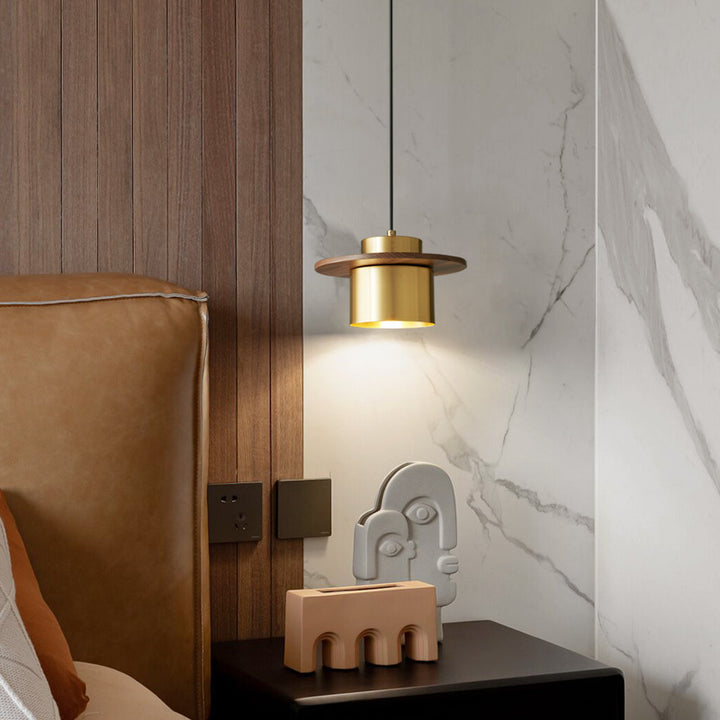 Contemporary Nordic Cylindrical Walnut Copper 1-Light Pendant Light For Living Room &amp; Bedroom
