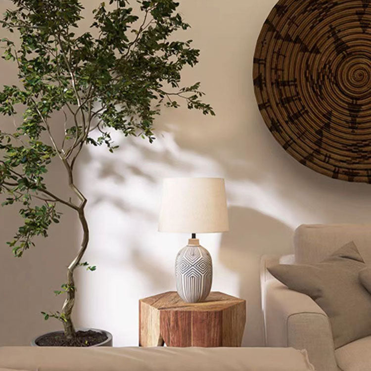 Lámpara de mesa de 1 luz con base de cerámica con rayas japonesas tradicionales para dormitorio 