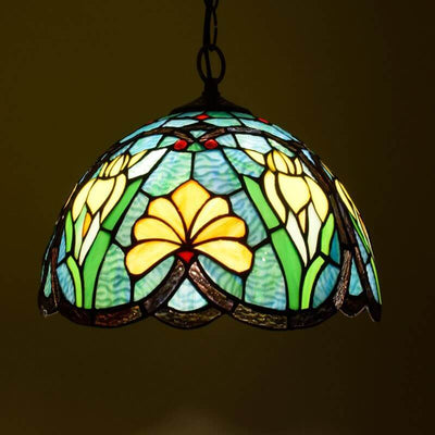 European Vintage Tiffany Flowers Birds Stained Glass 1-Light Pendant Light