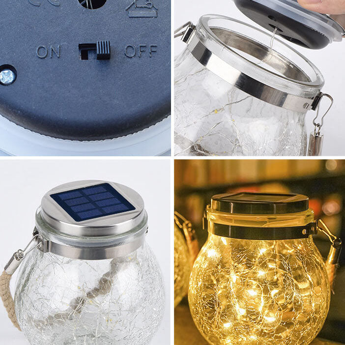 Solar Crackle Round Glass Jar LED Outdoor Garden Decorative Light