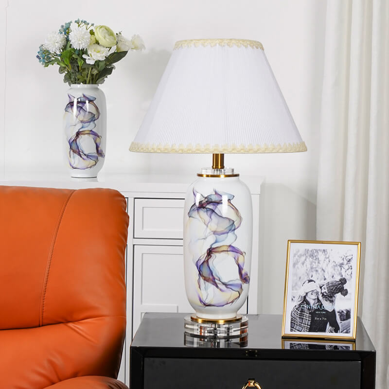 Traditional Chinese Ink Crystal Ceramic Pleated Fabric Column Round 1-Light Table Lamp for Living Room