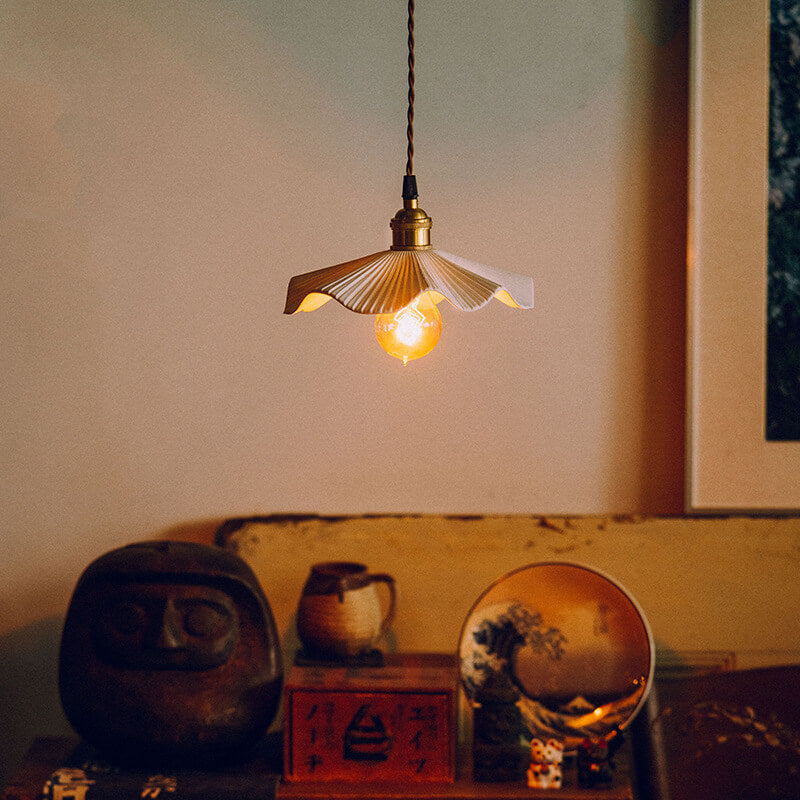 Traditional Vintage Ceramic Waves Scalloped Copper 1-Light Pendant Light For Living Room