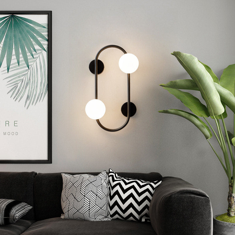 Aplique de pared contemporáneo nórdico de hierro con bola de cristal y aro ovalado de 2 luces para sala de estar 