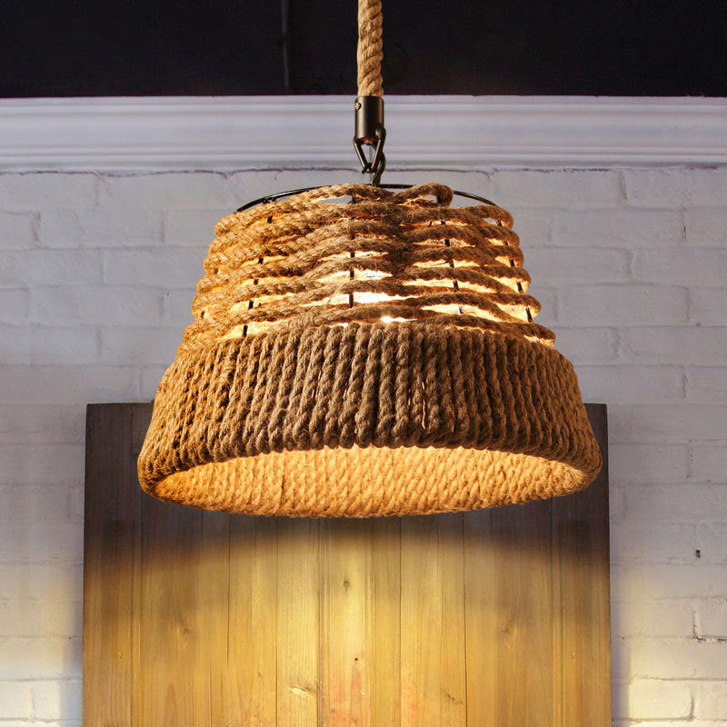 Contemporary Industrial Hemp Rope Iron Cone Straw Hat 1-Light Pendant Light