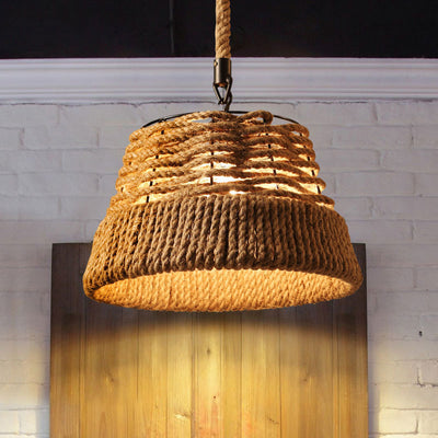 Vintage Industrial Hemp Rope Cone Straw Hat 1-Light Pendant Light