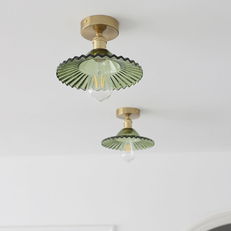 Traditionelle halb eingelassene 1-flammige Vintage-Deckenleuchte aus Glas und Eisen im Lotus-Design 