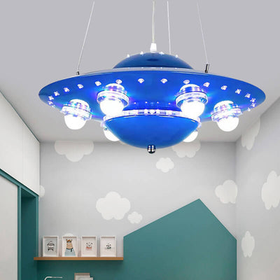 Contemporary Creative Kids Spaceship Iron Glass LED Chandelier For Bedroom