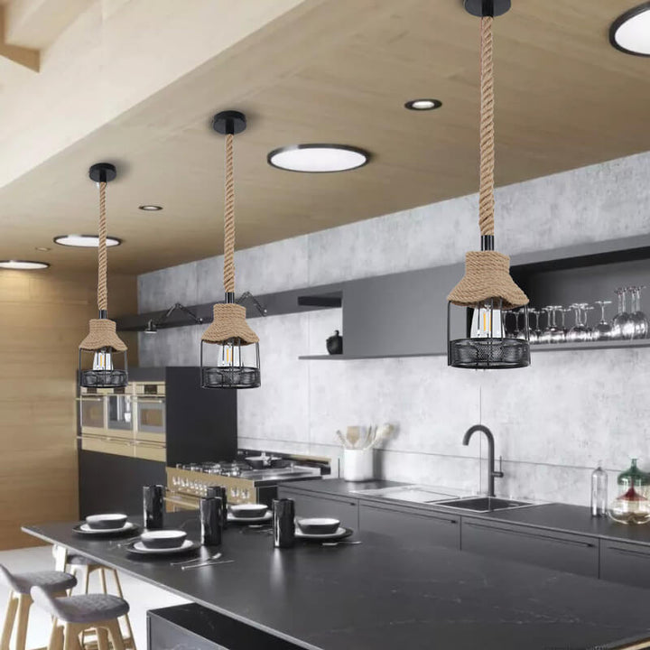 Luminaire suspendu à 1 lumière en corde de chanvre et rotin nostalgique de style industriel 