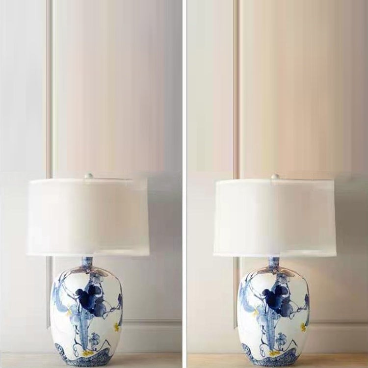 Traditional Chinese Fabric Round Shade Hand-painted Ceramic Vase Base 1-Light Table Lamp For Bedroom