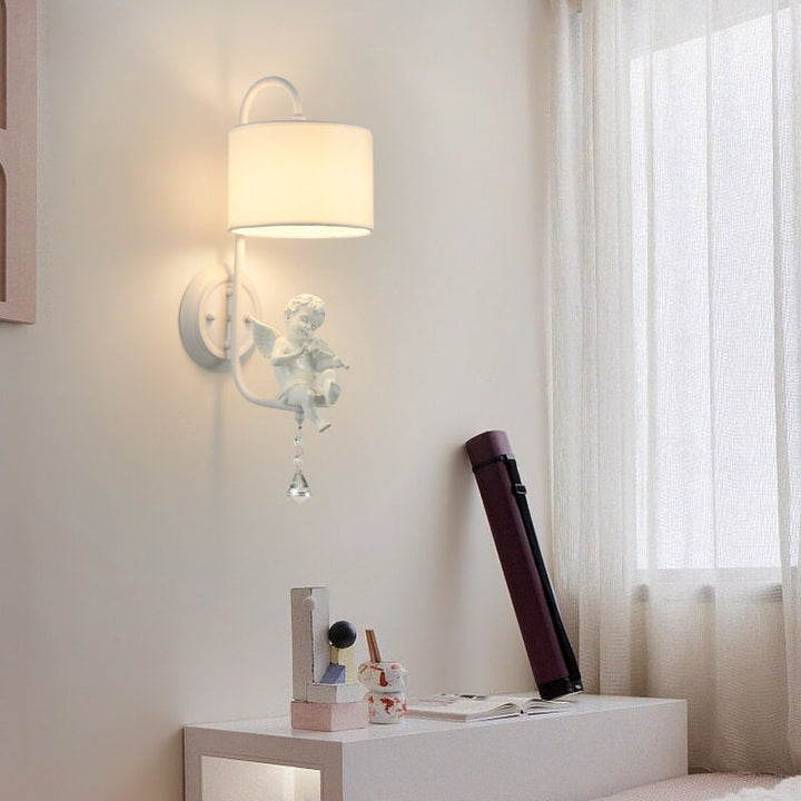 Modern Minimalist Angel Resin Round Fabric 1-Light Wall Sconce Lamp for Living Room