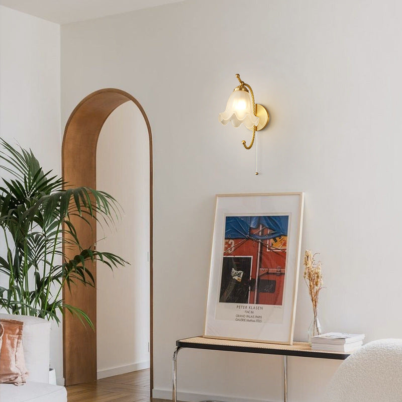 Lámpara de Aplique de Pared de 1 Luz de Flor de Vidrio Completo de Latón Nórdico 