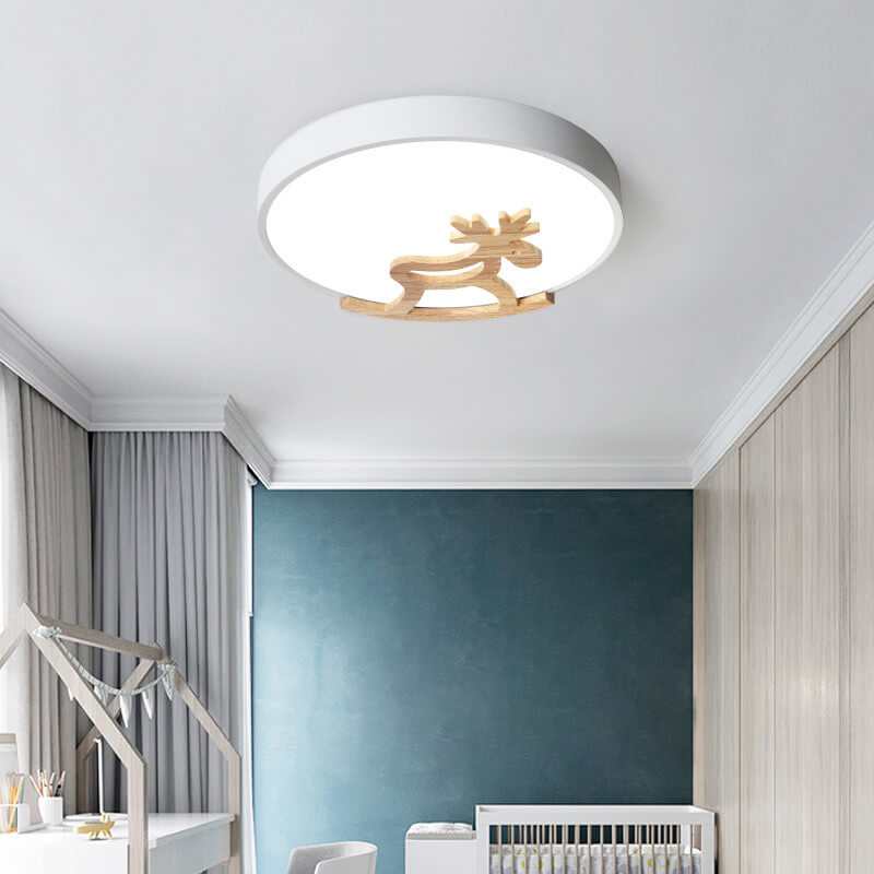 Macaron Creative Wooden Horse Shape Round LED Kids Flush Mount Ceiling Light