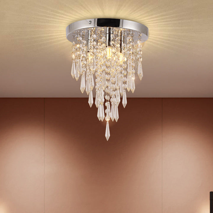 Modern Minimalist Crystal Hardware Bead Curtain Round 3-Light Flush Mount Ceiling Light for Living Room