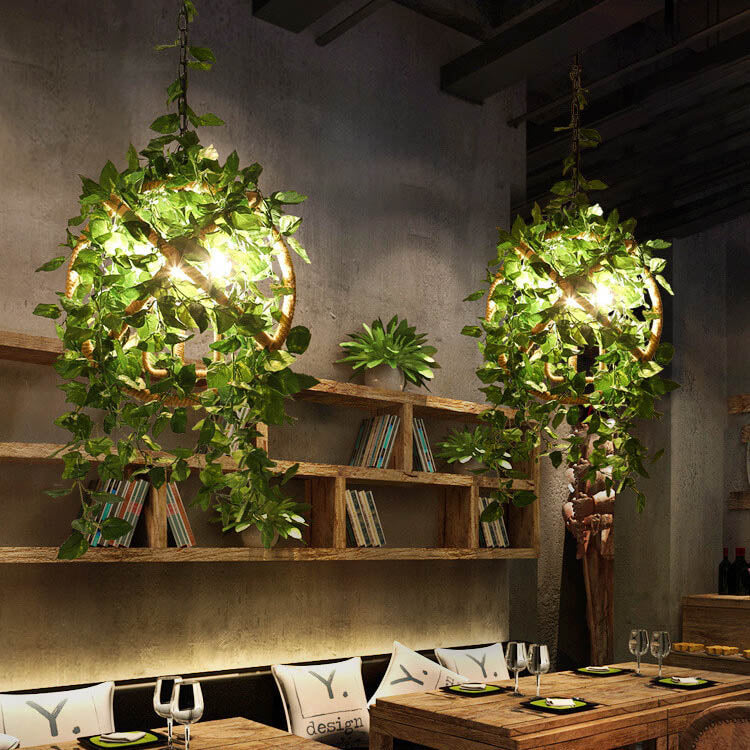 Industrial Vintage Simulation Of Greenery Cherry Blossoms Iron Hemp Rope 3-Light Chandelier