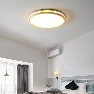 Japanese Simple Round Wooden Thin LED Flush Mount Ceiling Light