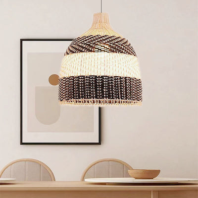 Modern Rattan Bamboo Black and White Dome 3-Light Chandelier