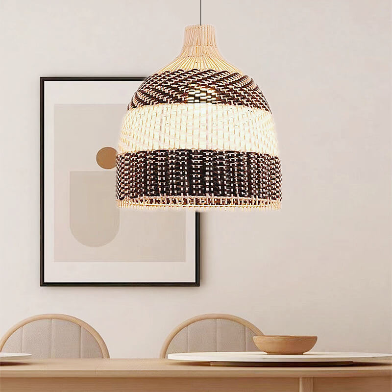 Modern Rattan Bamboo Black and White Dome 3-Light Chandelier