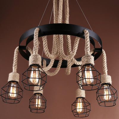 Industrial Vintage Twine Wrought Iron Lampshade 6-Light Chandelier