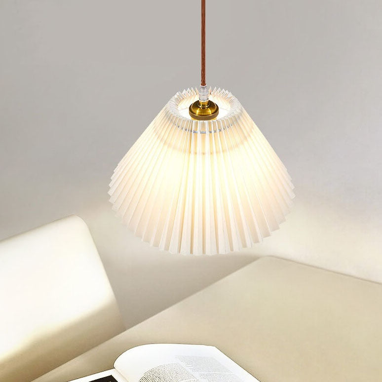 Japanese Minimalist Pleated Solid Wood Fabric 1-Light Pendant Light