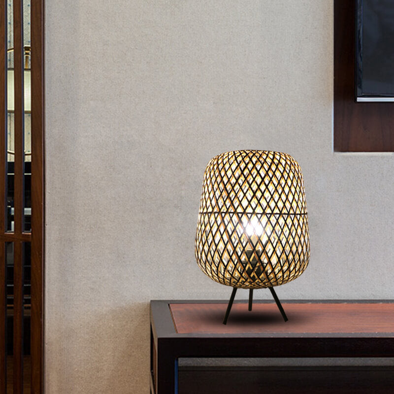 Vintage Japanese Rattan Weaving Oval Ball 1-Light Table Lamp