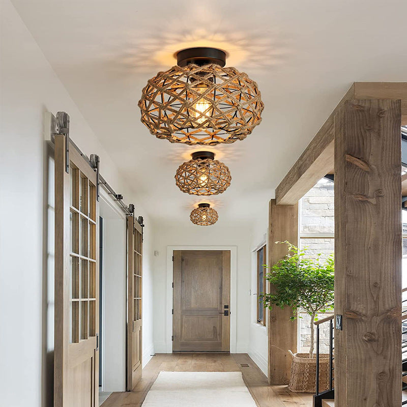 Traditionelle rustikale Hanfseil-Weberei Eisenkäfig 1-Licht Semi-Flush Mount Deckenleuchte für Schlafzimmer 