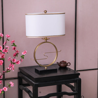 Modern Chinese Brass Ring Base Fabric 1-Light Table Lamp