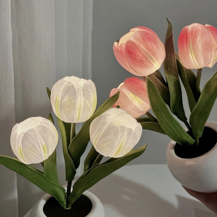 Tulipe Simulation Bouquet Pot de Fleur en Céramique Lampe de Table Lumière Nocturne LED 